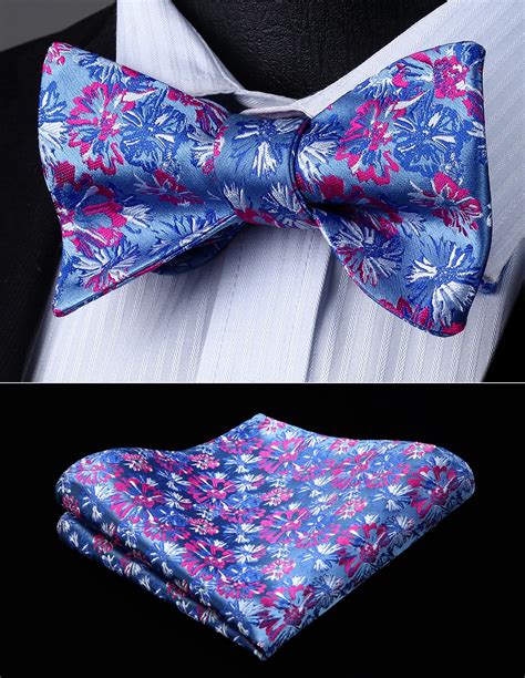 Men Woven Party Wedding Blue Pink Floral Self Bow Tie Pocket Square Setbf810cs Bow Tie