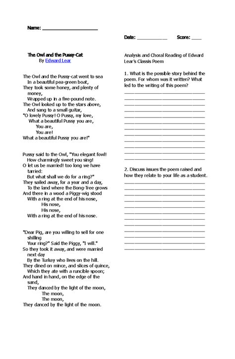 Poem Lecture Notes Name The Owl And The Pussy Cat By Edward Lear The