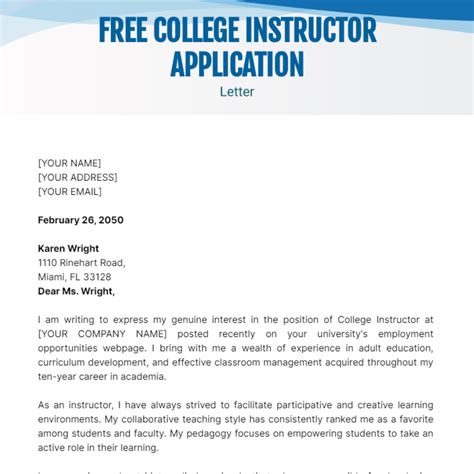 college instructor application letter template edit