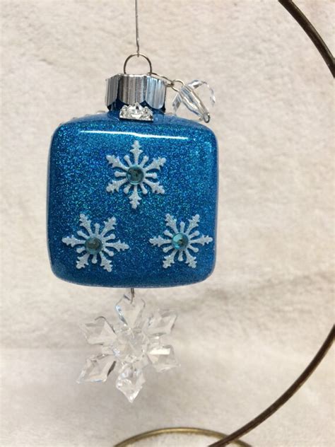 Handmade Christmas Ornament Glass Square Blue Glitter And