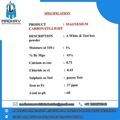 Light Magnesium Carbonate Rubber And Latex Grade Packaging Size X