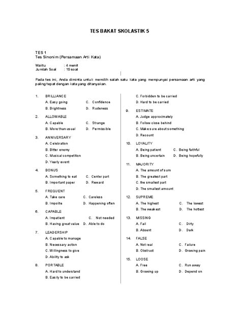 Doc Tes Bakat Skolastik 5 Tes 1 Tes Sinonim Persamaan Arti Kata