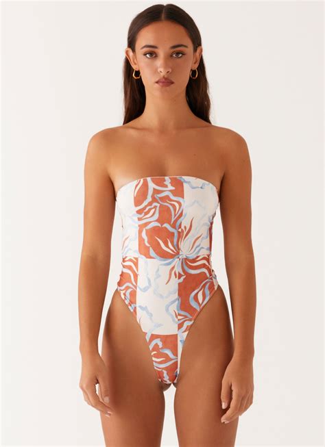 Maxine Strapless One Piece Swimsuit Orange Blue Floral Peppermayo