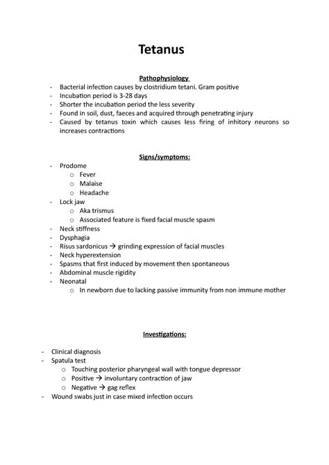 Tetanus Lecture Notes Tetanus Pathophysiology Bacterial Infection Causes By Clostridium Tetani