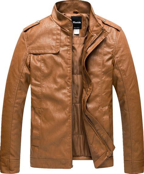 Wantdo Chaqueta Cuero Cuello Levantado para Hombre Marrón Large Amazon