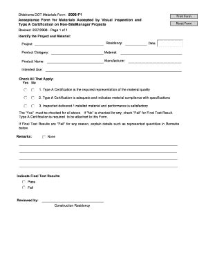 Fillable Online Okladot State Ok Acceptance Form For Materials Accepted