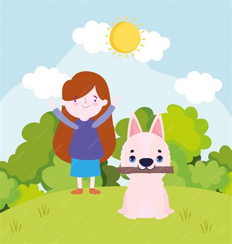 Premium Vector Girl Playing With Dog