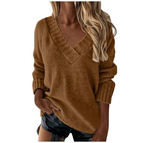 Oversized Sweaters For Women Sexy Deep V Neck Long Sleeve Cable Knit