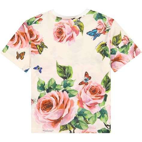 Dolce And Gabbana Girls Rose Print T Shirt With Contrast Collar In White