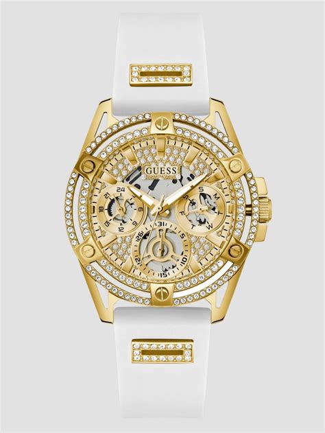 Gold Tone And White Silicone Multifunction Watch Guess