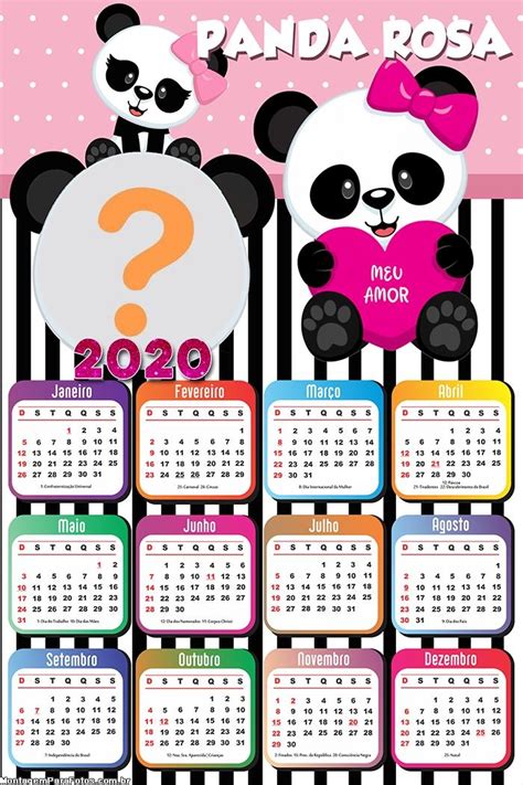 Calendário 2020 Panda Rosa Colagem de Foto