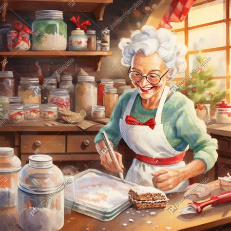 Cozy Christmas Kitchen Vintage Watercolor Mrs Claus Baking In A Cute