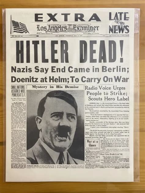 VINTAGE NEWSPAPER HEADLINE WORLD War 2 Germany Nazi Adolf Hitler Dead