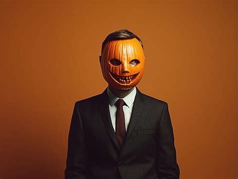 Premium Photo A Man With Pumpkin Head Shaped Liked Jackolantern