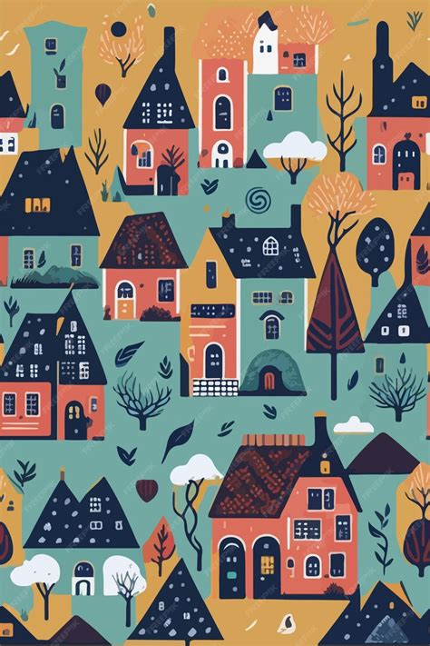 Premium Vector | A colorful wallpaper with a house and trees and a ...