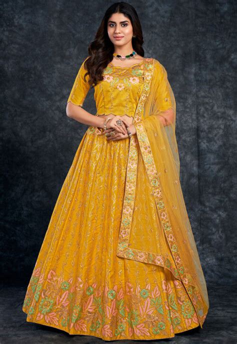 Buy Embroidered Art Silk Lehenga In Mustard Online Lsw Utsav Fashion