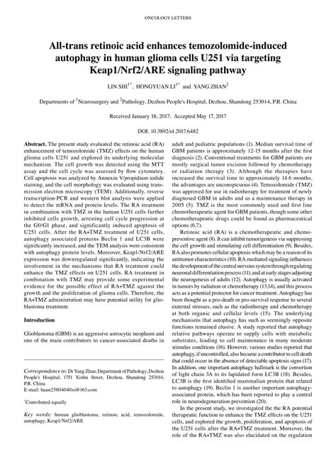 Pdf All‑trans Retinoic Acid Enhances Temozolomide‑induced Autophagy