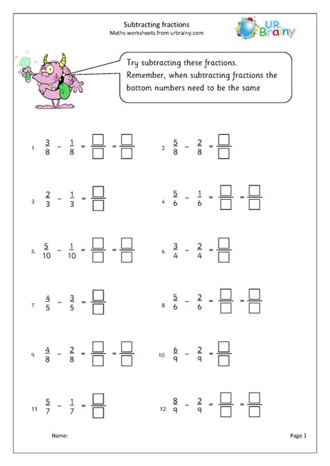 Subtracting Fractions Worksheets Printable