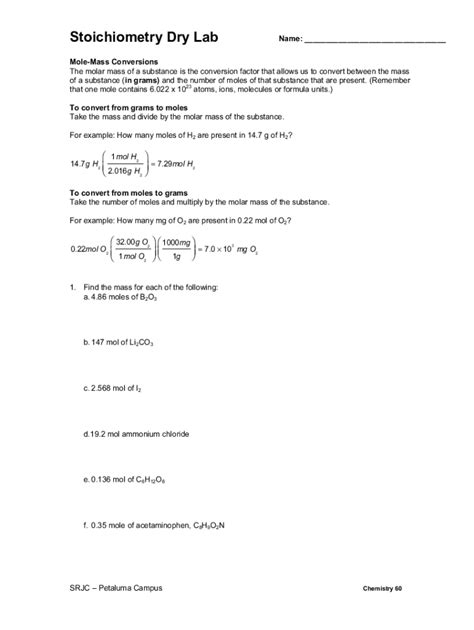 Fillable Online Srjcstaff Santarosa Converting Moles And Mass Practice