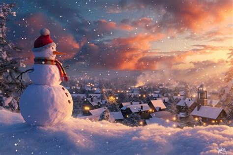 Premium Ai Image A Snowman Wearing A Red Hat And Scarf Stands In The