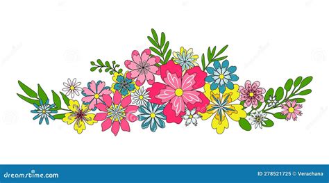 Bright Retro Flowers In Long Horizontal Border Stock Vector