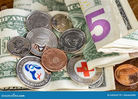 Panama Money Folded American Dollars Lying On The Table And Coins