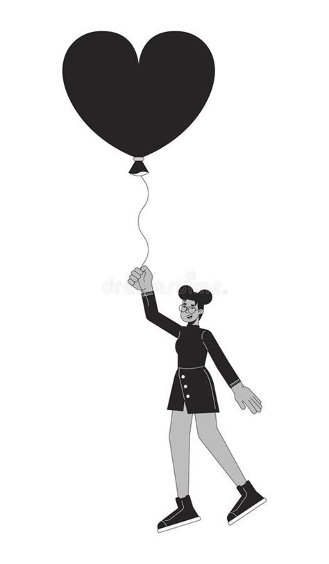 African American Girl Flying With Balloon In Hands Black And White 2d Line Cartoon Character