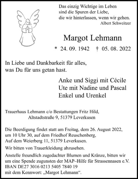 Traueranzeigen Von Margot Lehmann WirTrauern