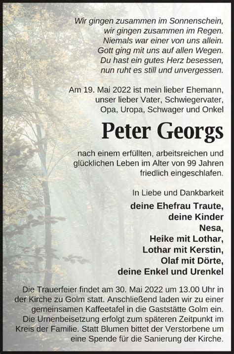 Traueranzeigen Von Peter Georgs Trauer Nordkurier