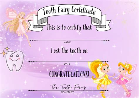 Tooth Fairy Printable Certificate For Girls Etsy