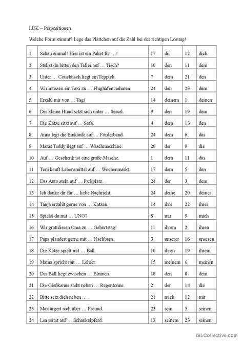 Pr Positionen Ben Mit Einem L K K Deutsch Daf Arbeitsbl Tter Pdf Doc