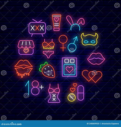 sex shop circle layout with neon icons round template signboard intimate store vector stock