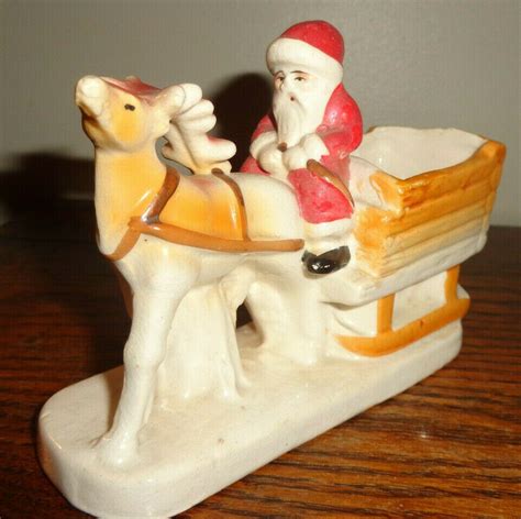 Vintage Christmas Candy Container Planter Santa Reindeer Sleigh Ceramic Japan Reindeer And