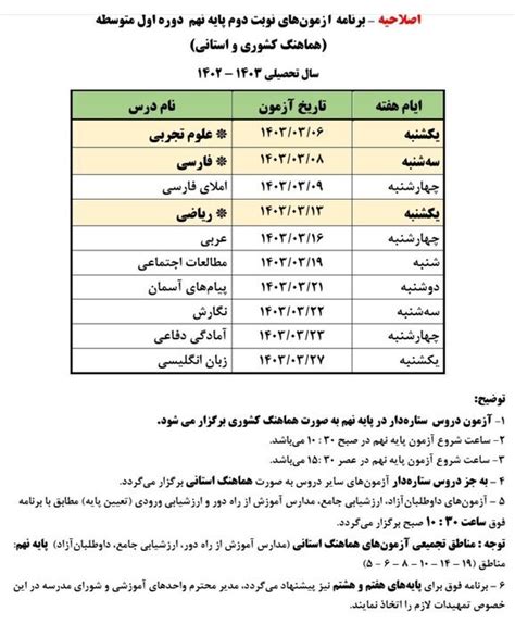 اصلاحیه برنامه امتحان نهایی پایه ششم و نهم کشوری در شهر تهران اعلام شد