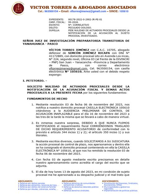 Escrito De Nulidad De Actuados Y Anexo Pdf Ley Procesal Sentencia