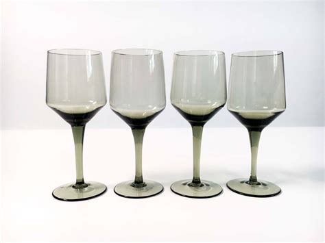 Vintage Set Of 4 Smokey Grey Wine Glasses Smoky Stemmed Barware Drinkware Mid Century