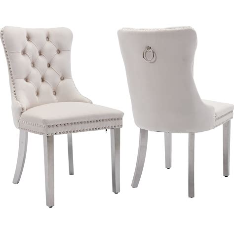 Oduse Daily Modern Beige Velvet Dining Chairs Set Of 2 With Chrome