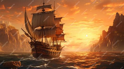 Premium Photo | The Pirate Ship Sails Towards The Setting Sun