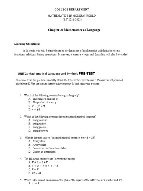 Chapter 2 Mathematics As Language Unit 2 Mathematical Language And