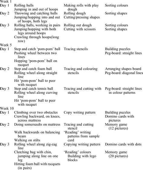 Three weeks of the intervention. Gross motor ± 20 minutes Fine motor ± ...