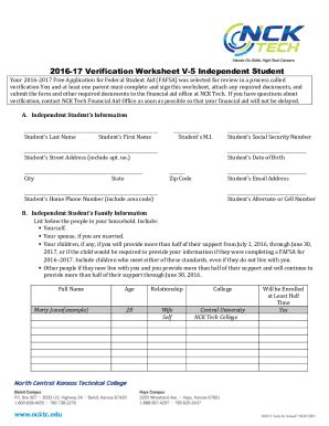 Fillable Online 2016 17 Verification Worksheet V 5 Independent Student