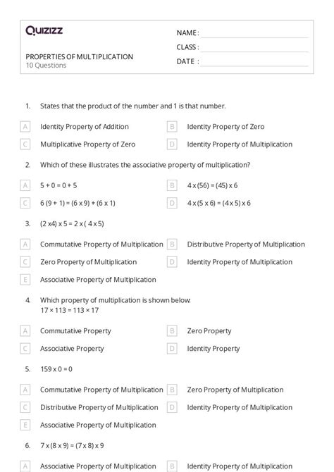 Properties Of Multiplication Worksheets For Rd Grade On Quizizz