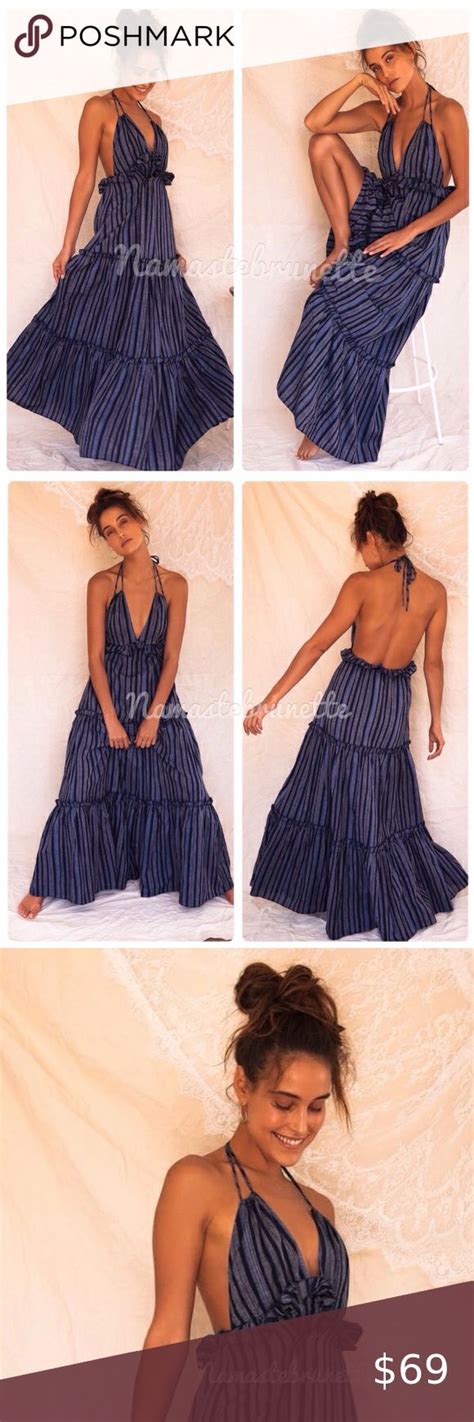 Nwt Lulu S Medium Vacay Babe Blue Striped Halter Maxi Dress Maxi