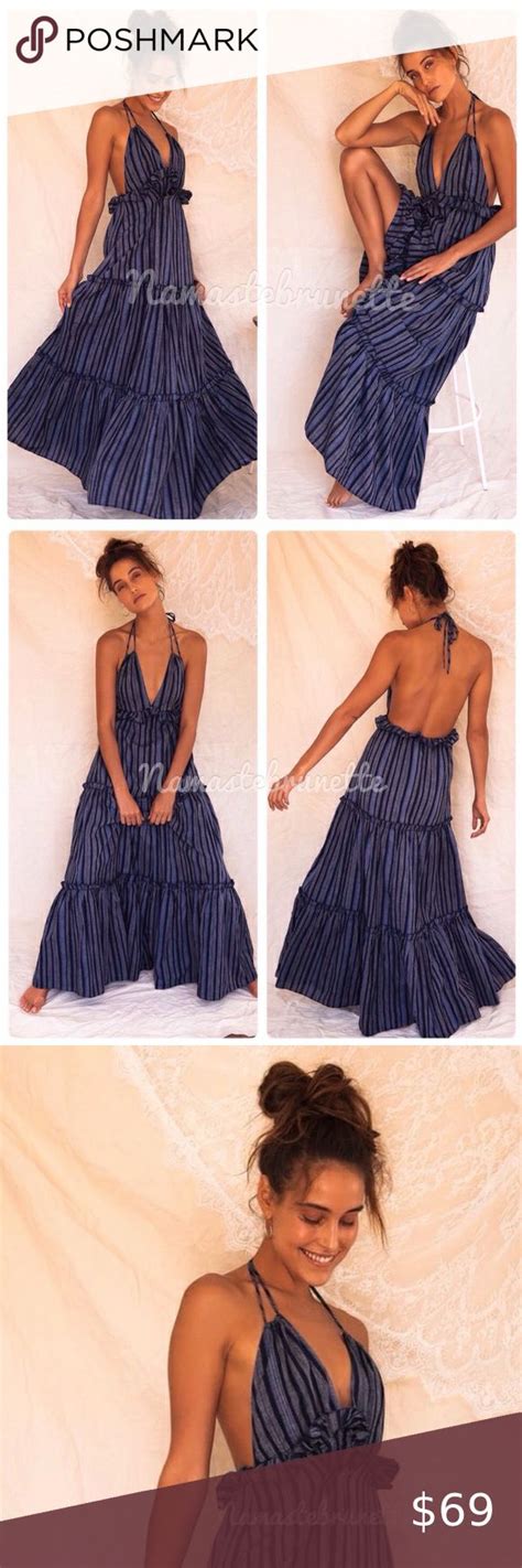 NWT Lulu S Medium Vacay Babe Blue Striped Halter Maxi Dress Maxi