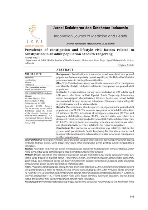 Pdf Prevalence Of Constipation And Lifestyle Risk Factors Related To Constipation In An Adult