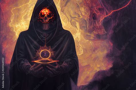 An Evil Dark Magician In A Hood Holds A Ritual Skull In His Hands Whose Eyes Are Burning He Is