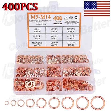 400PCS Solid Copper Crush Washer Gasket Set Flat O Ring Seal Assortment