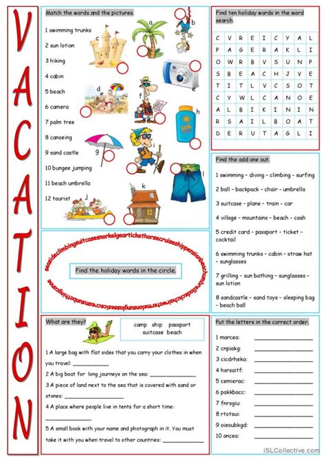 Vacation Vocabulary Exercises wor…: English ESL worksheets pdf & doc