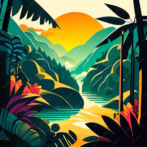 Premium Vector Tropical Forest Sunset Illustration