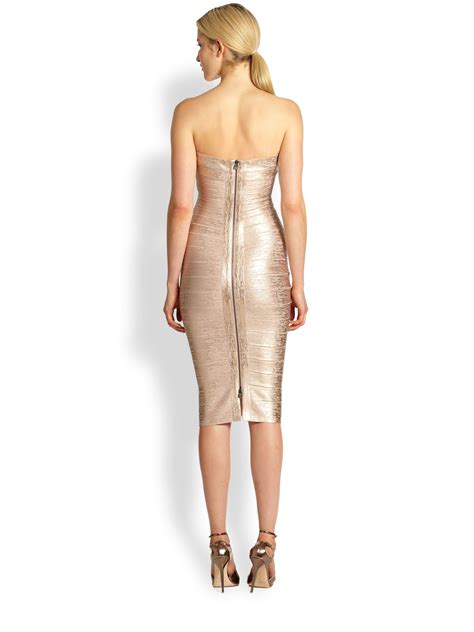 Hervé léger Strapless Foil Printed Bandage Dress in Metallic Lyst